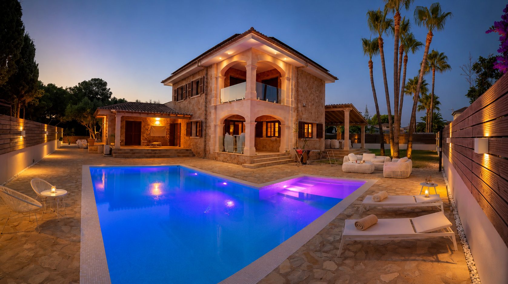 Villa MHARES & Pool bei Nacht